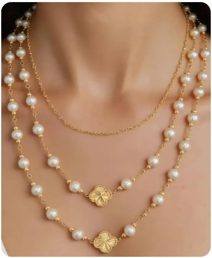 Multi-Strand Long Layered Simulated Pearl Necklace for Women, 14K Gold Plated Clover Necklace Jewelry Gift for Her