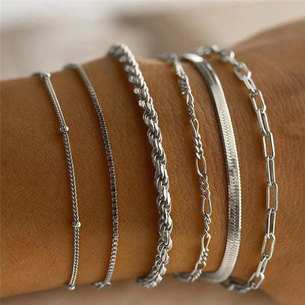 MYANAIL 6Pcs Minimalist 14K Gold Chain Bracelet Set for Women Stackable Link Chain Bangle Metal Bracelet Jewelry Holiday Beach Anklet Set Cuban/Snake/Box/Paper Clip Chain