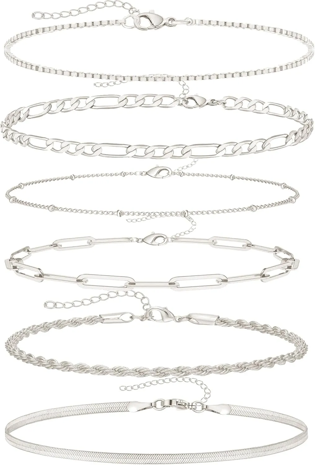 MYANAIL 6Pcs Minimalist 14K Gold Chain Bracelet Set for Women Stackable Link Chain Bangle Metal Bracelet Jewelry Holiday Beach Anklet Set Cuban/Snake/Box/Paper Clip Chain