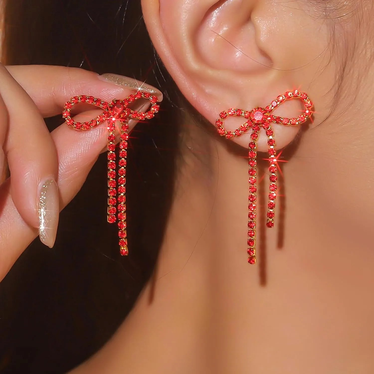 Nanafast Bow Rhinestone Earrings Long Dangle Drop Chandelier Tassel Bow Earrings for Women Wedding Bridal Earrings Party Prom Earrings