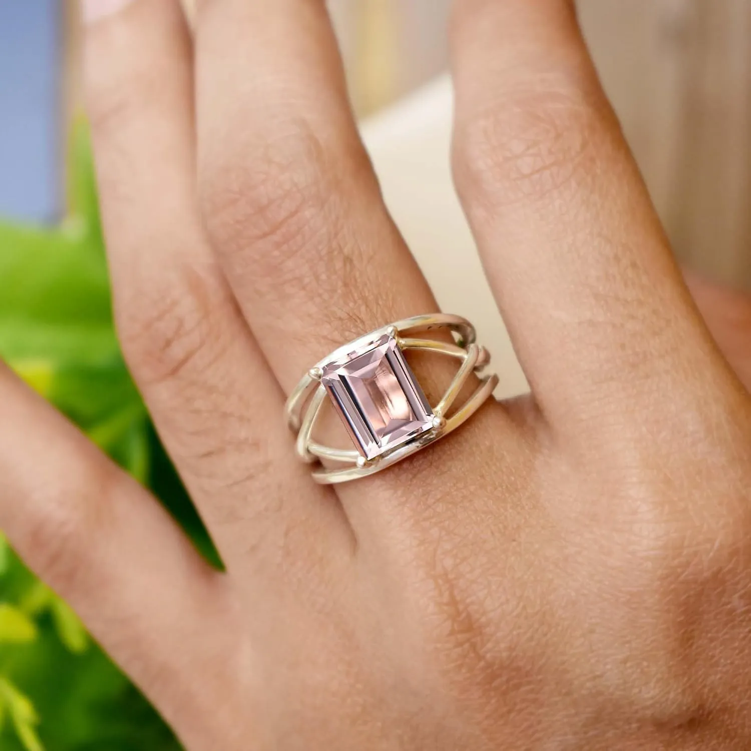 Natural Morganite Ring Unique Designing Band Ring For Women Proposal Gift For Any Occasions Gemstone Morganite Ring 925 Sterling Silver Handmade Birthstone Jewelry