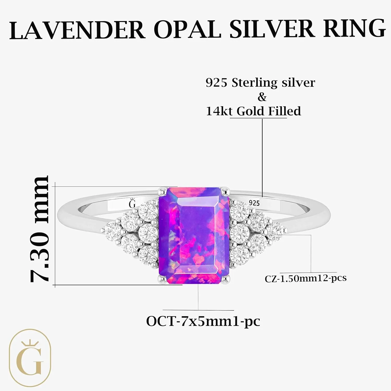 Natural Opal 925 Sterling Silver Designer Ring for Womens 7x5MM OCTAGON Stone Rings in Yellow Gold Plated Ruby, Multi Gemstones Jewelry Gift for Her (Engagement, Anniversary, Promise Rings)