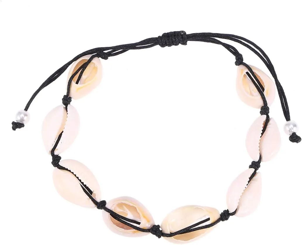 NOLITOY 2pcs Shell Beaded Anklet Bracelet for Women Handmade Ankle Jewelry Black White Threads Unique Friends Family and Special Occasions
