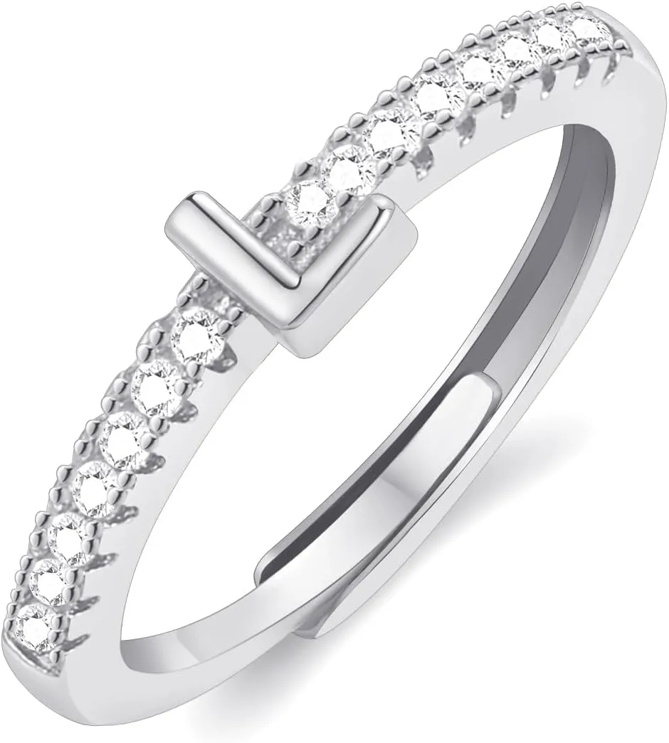 Non Tarnish Adjustable CZ Rings - 14K Gold Plated Dainty Cubic Zirconia Open Letter Rings