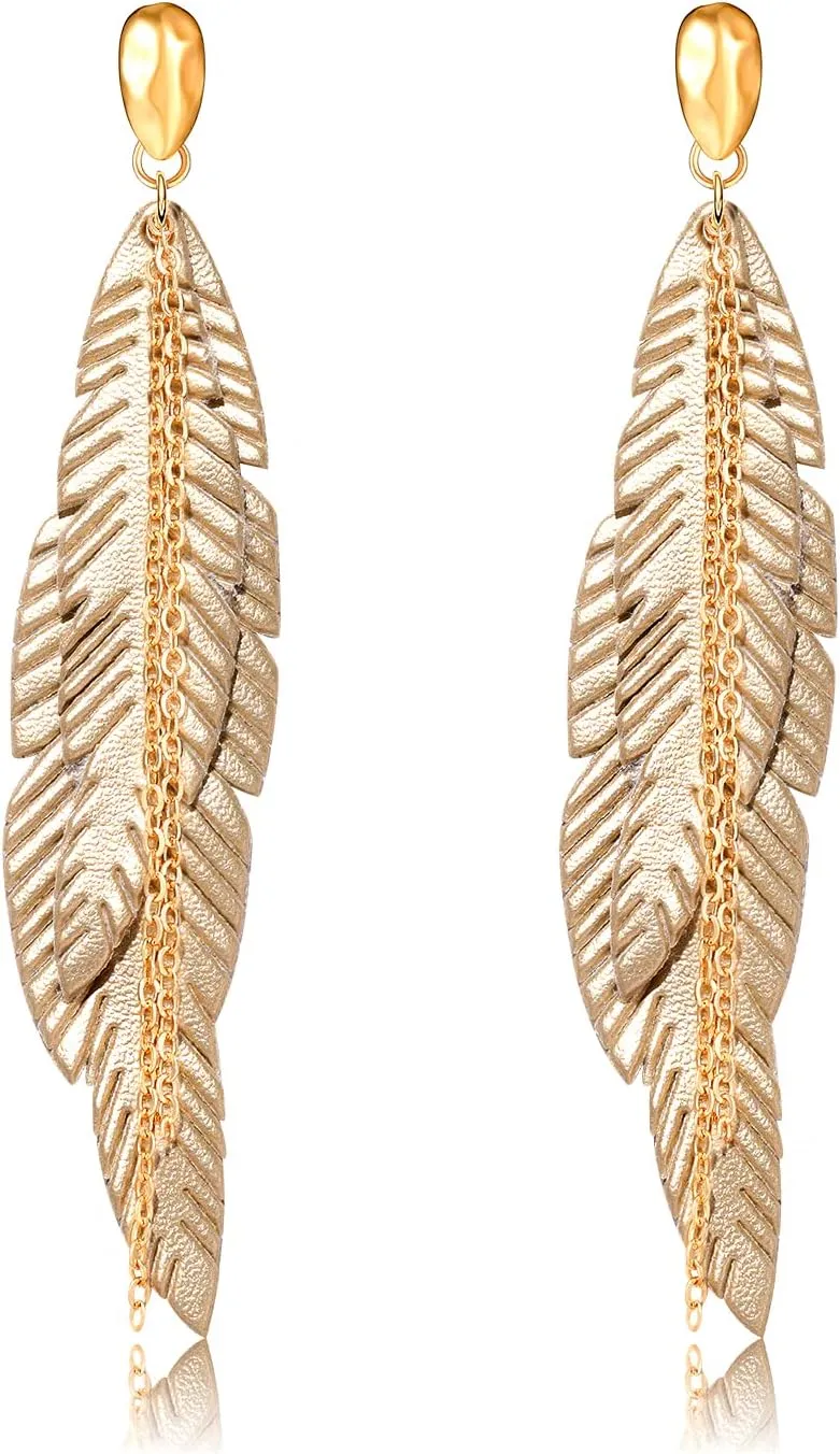 NVENF Feather Tassel Dangle Earrings for Women Bohemian Faux Leather Plume Gold-tone Metal Chain Fringe Statement Drop Earrings Vintage Ethnic Style Jewelry