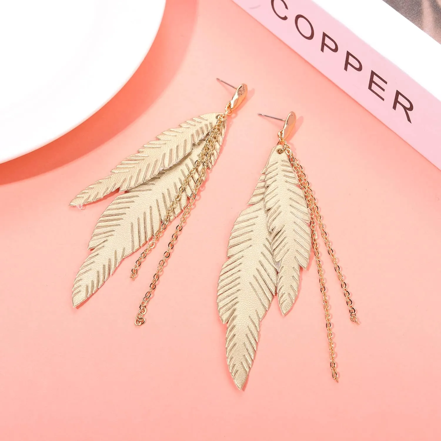NVENF Feather Tassel Dangle Earrings for Women Bohemian Faux Leather Plume Gold-tone Metal Chain Fringe Statement Drop Earrings Vintage Ethnic Style Jewelry
