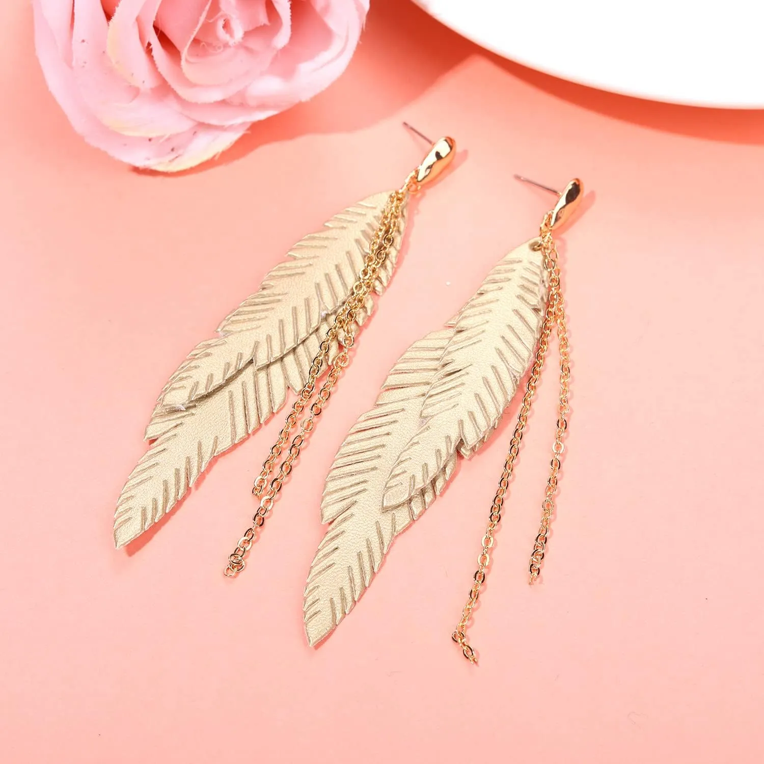 NVENF Feather Tassel Dangle Earrings for Women Bohemian Faux Leather Plume Gold-tone Metal Chain Fringe Statement Drop Earrings Vintage Ethnic Style Jewelry