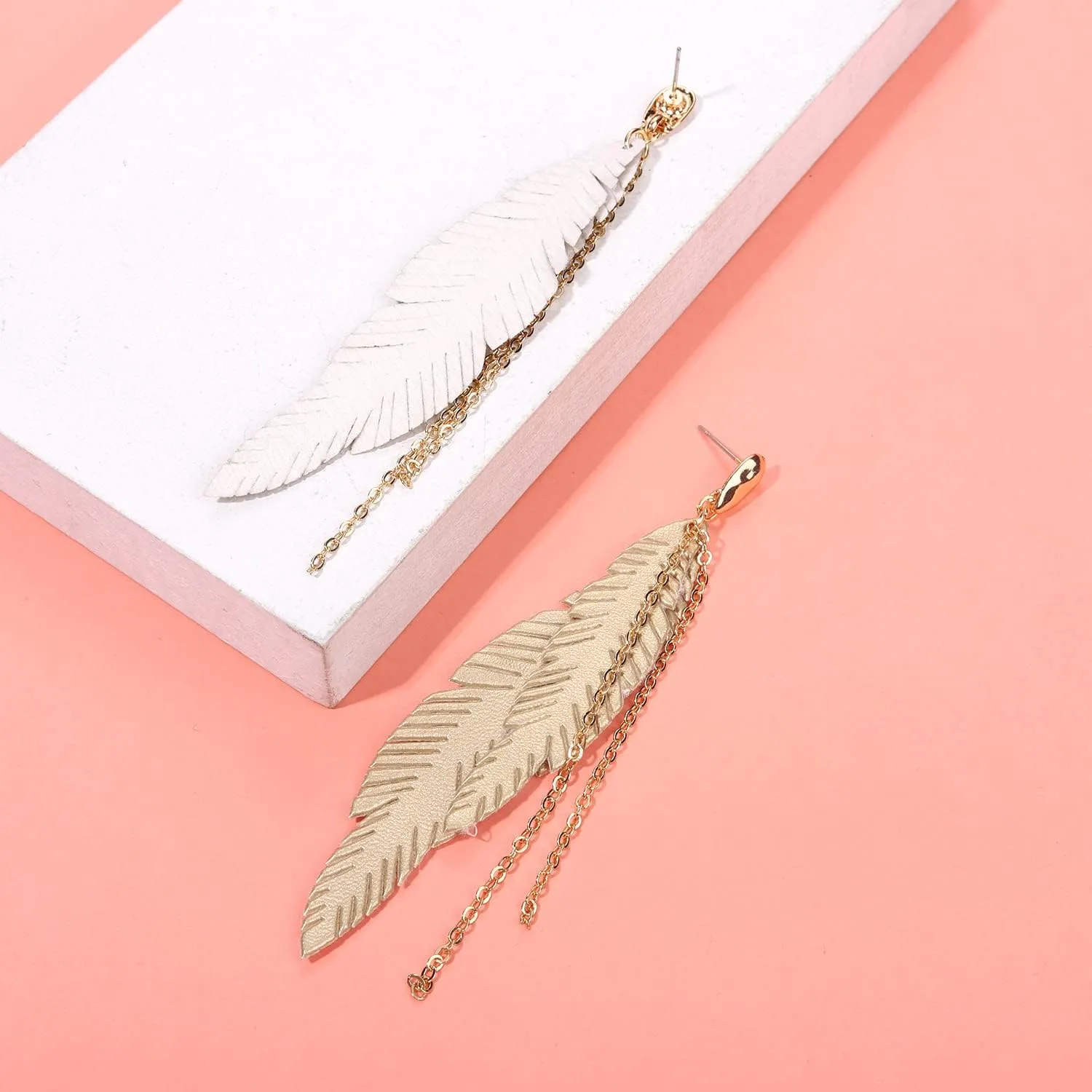 NVENF Feather Tassel Dangle Earrings for Women Bohemian Faux Leather Plume Gold-tone Metal Chain Fringe Statement Drop Earrings Vintage Ethnic Style Jewelry