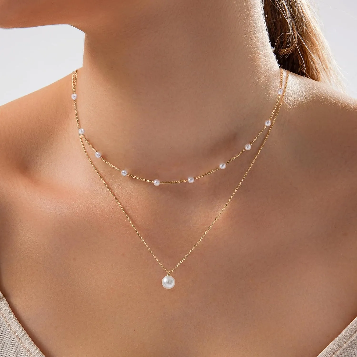 OGD Gold Pearl Necklaces Set for Women 14K Gold Plated Dainty Layered Pearl Cute Daisy Pearl Choker Gold Necklace Gifts for Women Gold Trendy Jewelry Gifts