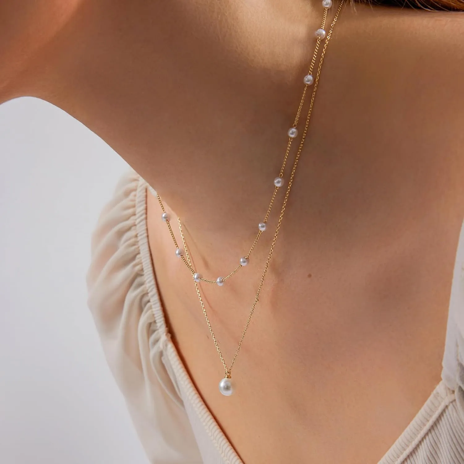 OGD Gold Pearl Necklaces Set for Women 14K Gold Plated Dainty Layered Pearl Cute Daisy Pearl Choker Gold Necklace Gifts for Women Gold Trendy Jewelry Gifts