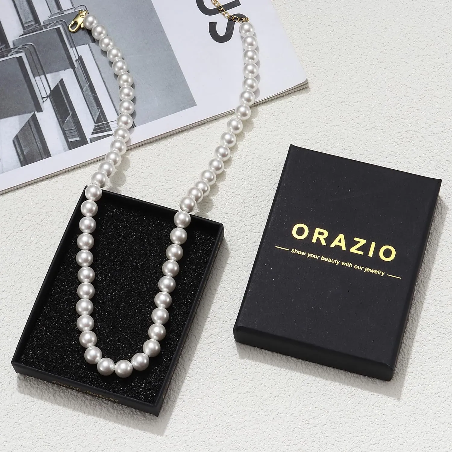 ORAZIO Pearl Necklaces for Women 14K Gold Plated Layered Pearls Choker Necklace Dainty Freshwater Pearl Pendant Necklace Gold Necklace with Pearl Jewelry Gift for Women