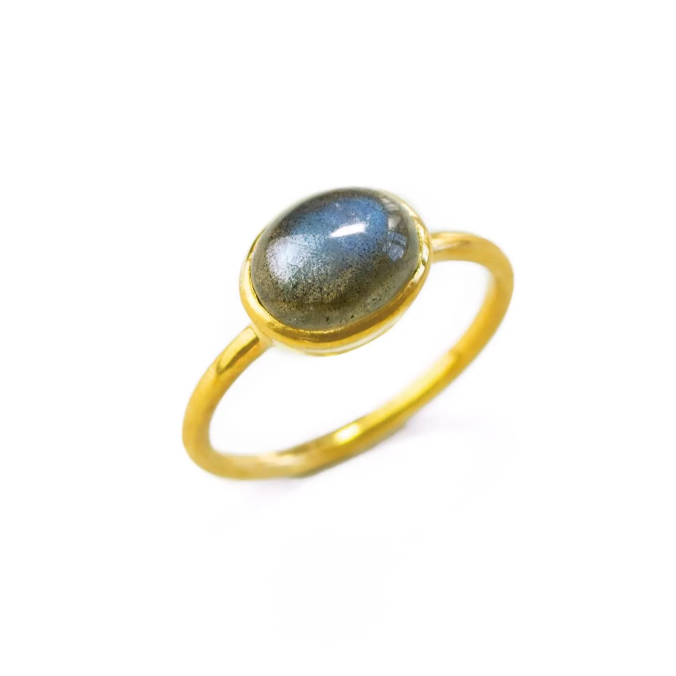 Oval Blue Labradorite Cabochon Ring Bezel Set in Vermeil Gold, Sterling Silver, or Rose Gold, Stacking Birthstone Ring (Labradorite Cabochon)