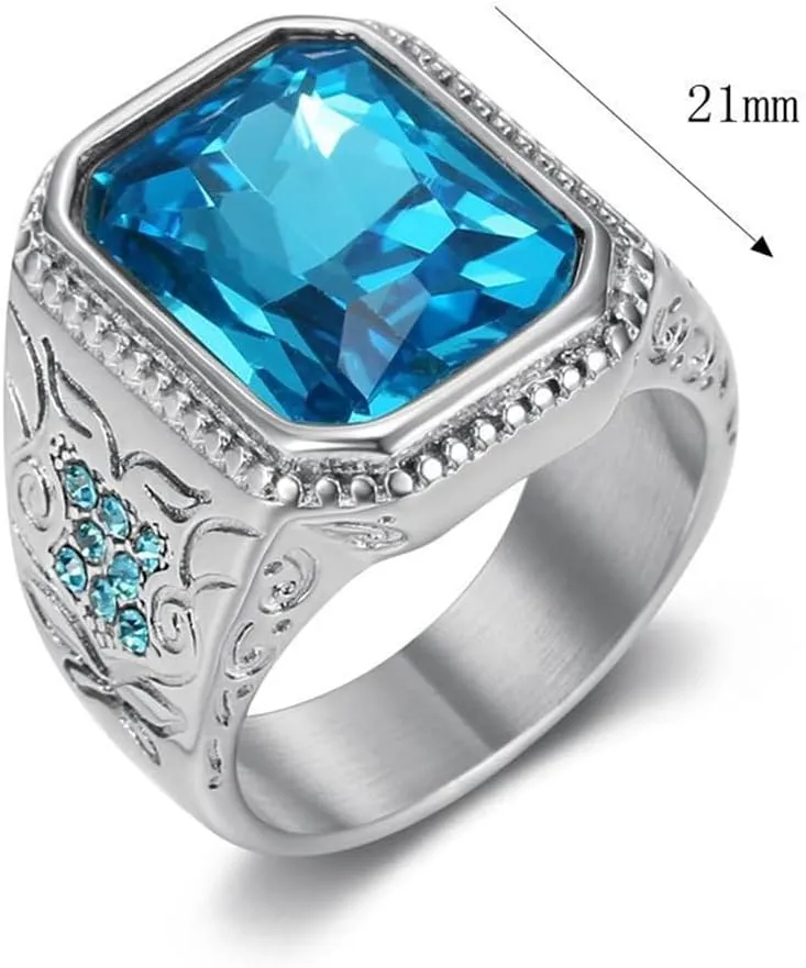 PAMTIER Men's Gemstone Ring Multifaceted Stone Statement Ring with Cubic Zirconia Flower Side Pattern Wedding Band