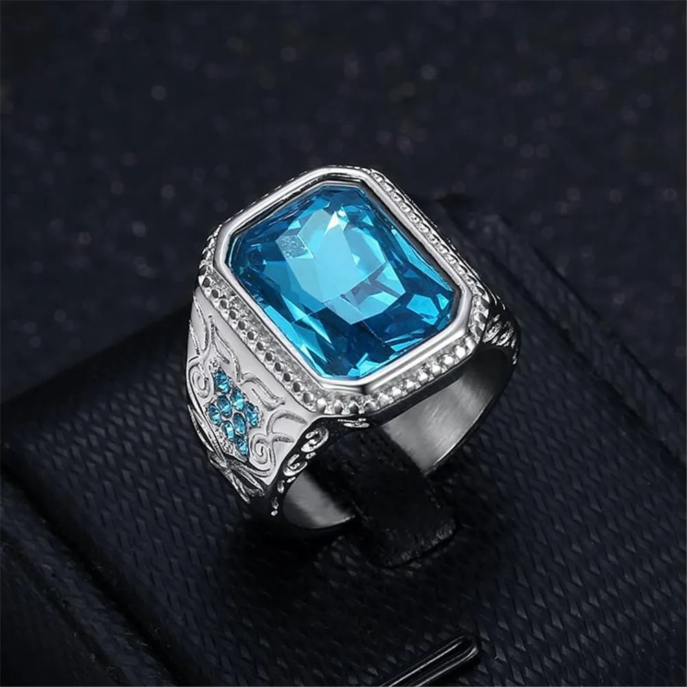 PAMTIER Men's Gemstone Ring Multifaceted Stone Statement Ring with Cubic Zirconia Flower Side Pattern Wedding Band