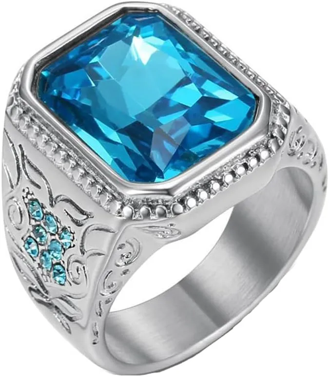 PAMTIER Men's Gemstone Ring Multifaceted Stone Statement Ring with Cubic Zirconia Flower Side Pattern Wedding Band