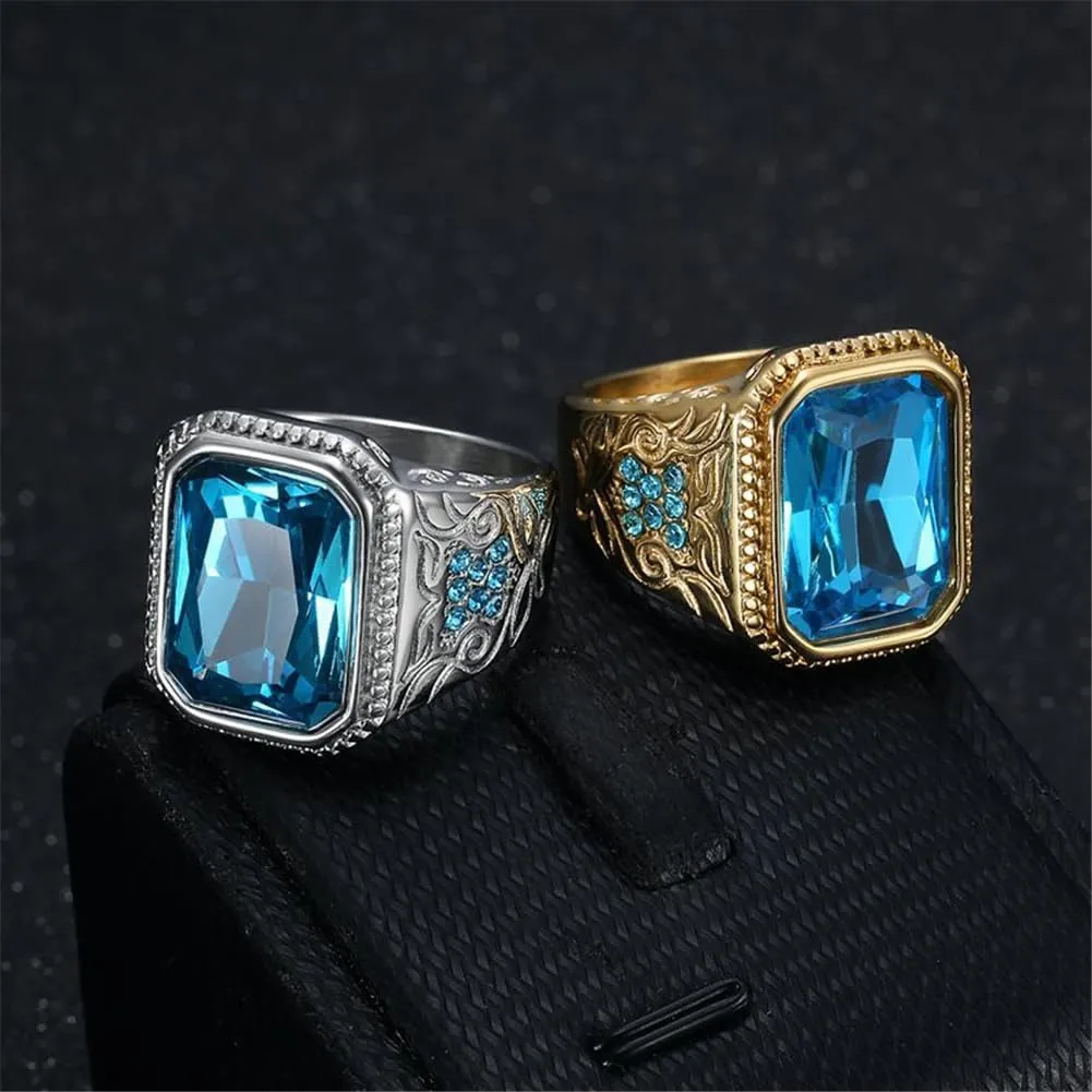 PAMTIER Men's Gemstone Ring Multifaceted Stone Statement Ring with Cubic Zirconia Flower Side Pattern Wedding Band