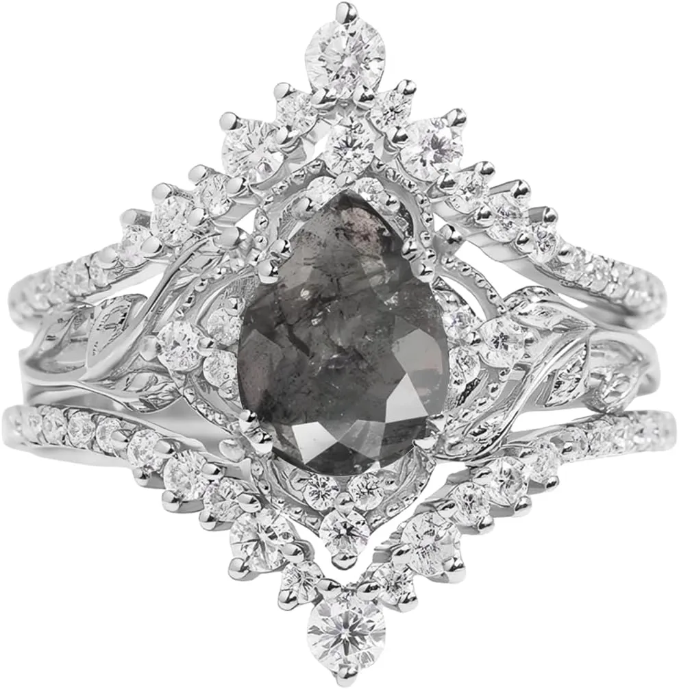 Pear Shape Gemstone Engagement Rings for Women 10K 14K 18K White Yellow Rose Gold Gemstone Wedding Ring Set Bridal Set 3pcs Leaf V Shaped Wedding Band Anniversary Promise Rings