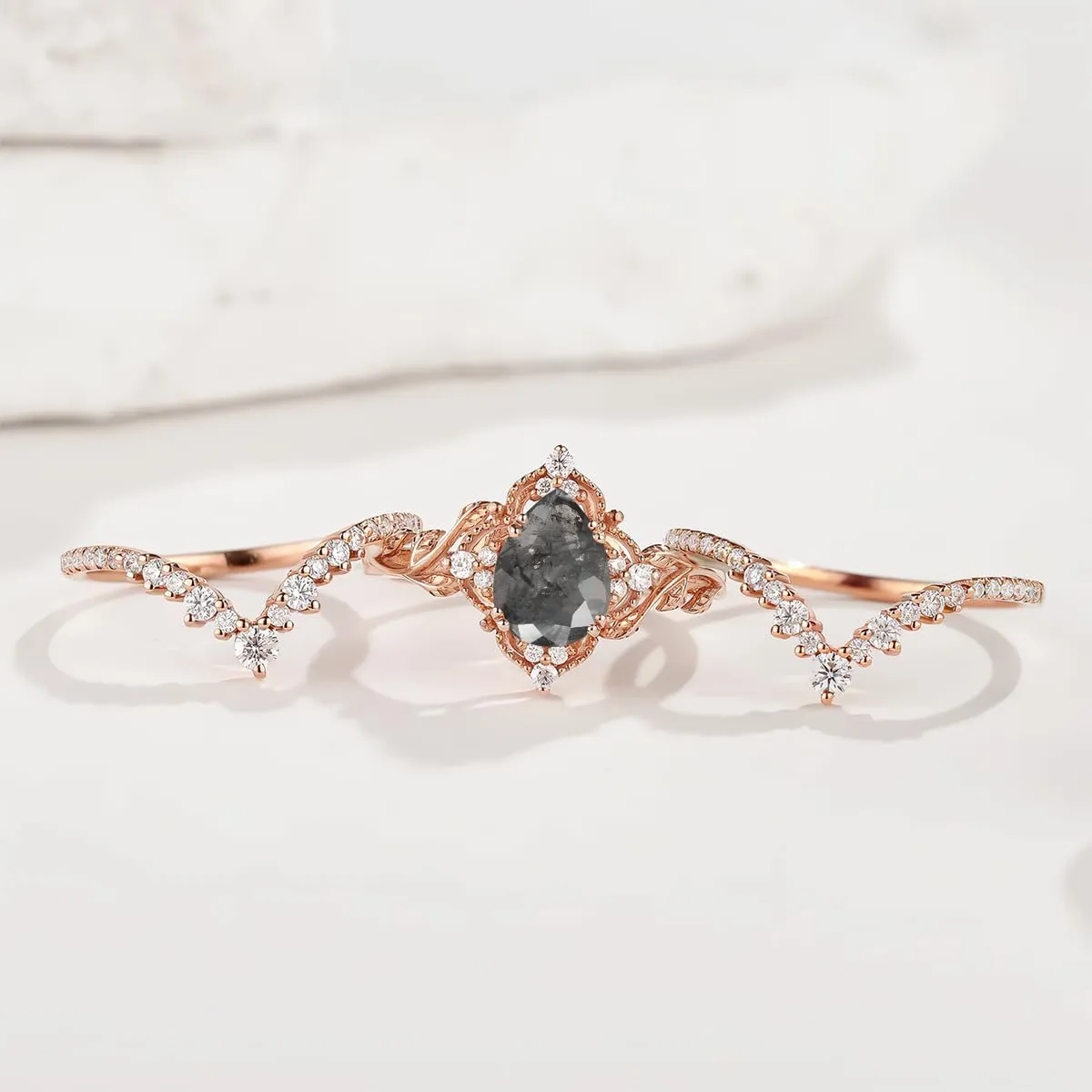 Pear Shape Gemstone Engagement Rings for Women 10K 14K 18K White Yellow Rose Gold Gemstone Wedding Ring Set Bridal Set 3pcs Leaf V Shaped Wedding Band Anniversary Promise Rings