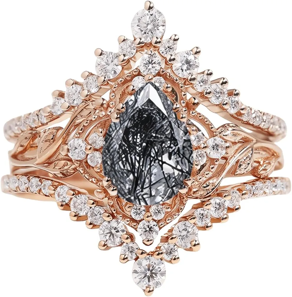 Pear Shape Gemstone Engagement Rings for Women 10K 14K 18K White Yellow Rose Gold Gemstone Wedding Ring Set Bridal Set 3pcs Leaf V Shaped Wedding Band Anniversary Promise Rings