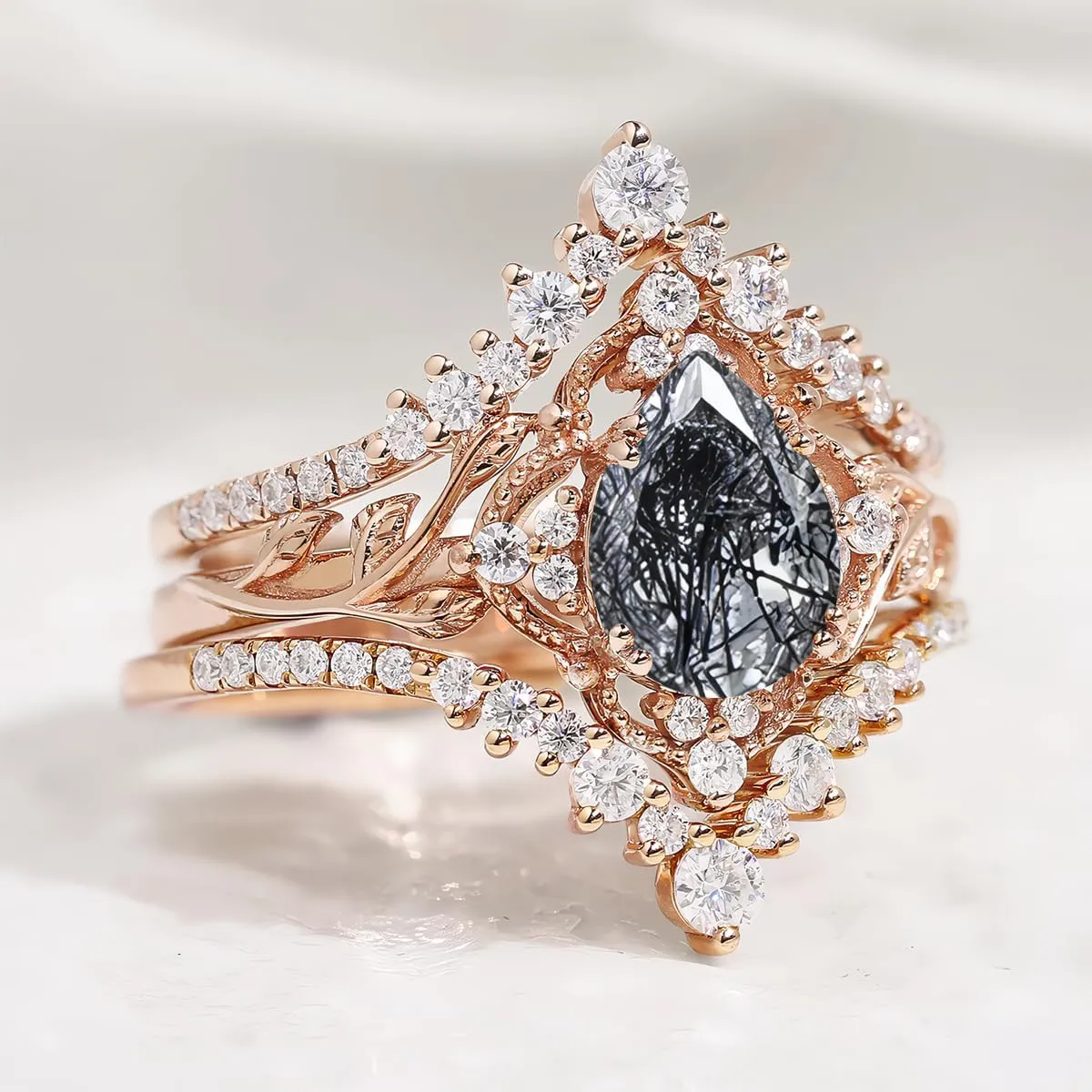 Pear Shape Gemstone Engagement Rings for Women 10K 14K 18K White Yellow Rose Gold Gemstone Wedding Ring Set Bridal Set 3pcs Leaf V Shaped Wedding Band Anniversary Promise Rings