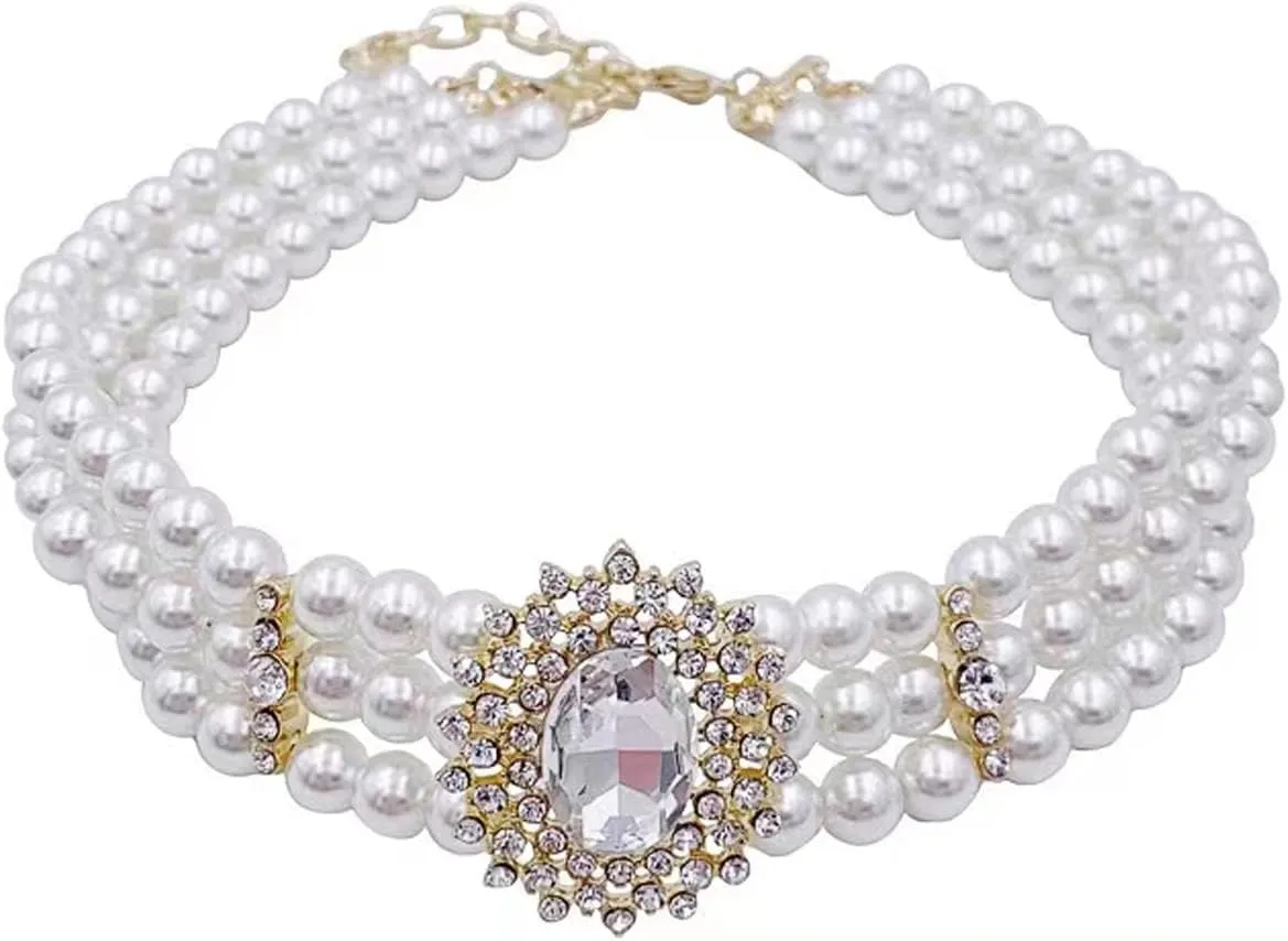 Pearl Choker Necklaces for Women Dainty Rhinestones Pearls Chunky Short 1920s Choker Necklace Chain Multilayer Choker Necklaces Prom Party for Women