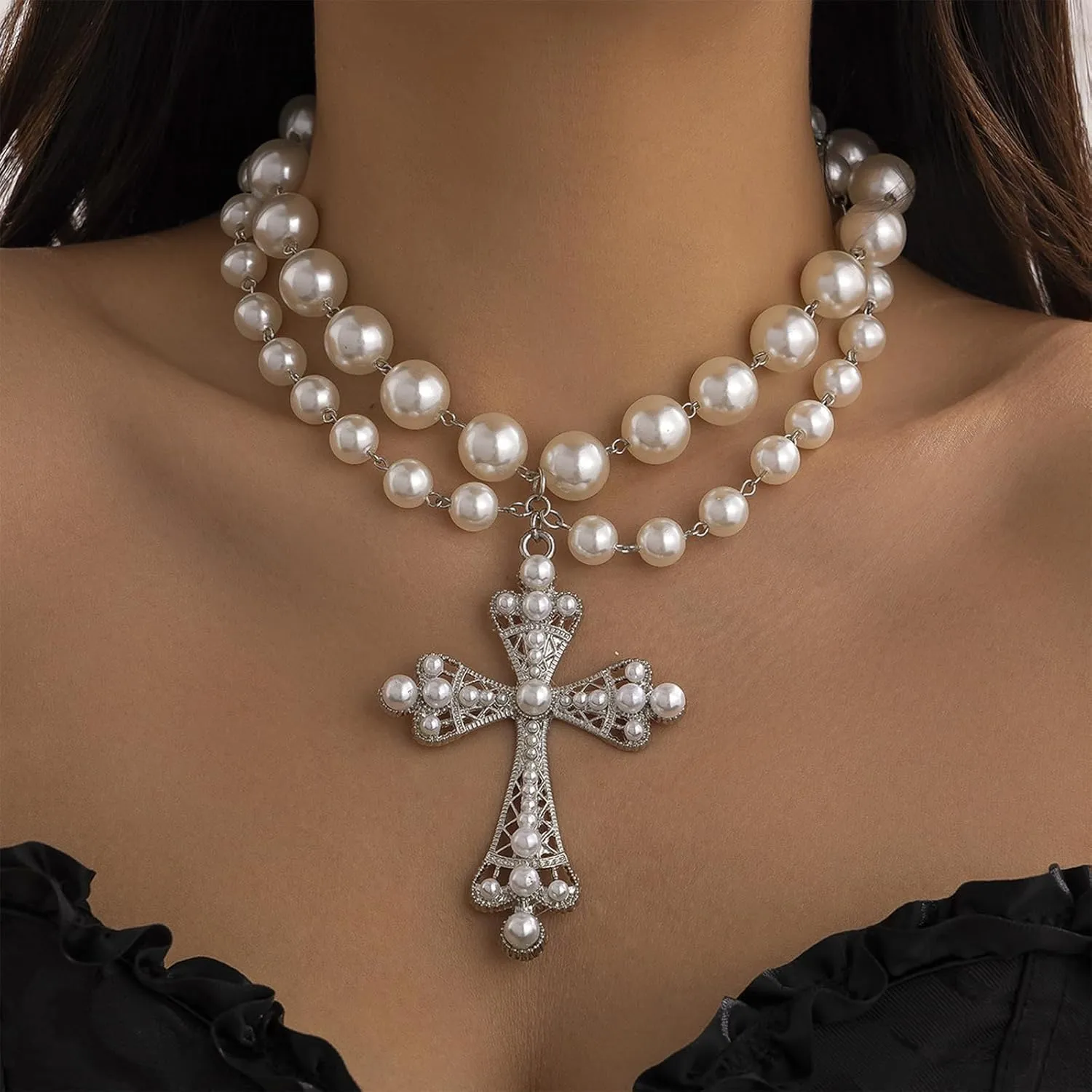 Pearl Cross Necklace Big Cross Pendants Necklaces for Women Chunky Pearl Necklace Gothic Cross Necklace Punk Vintage Cross Jewelry Women