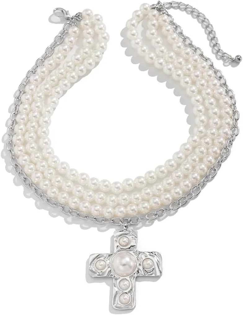 Pearl Cross Necklace for Women Chunky Gold Cross Necklace Layered Cross Pearl Stacked Choker Necklace OT Buckle Chain Chunky Gold Statement Cross Pendant Necklace