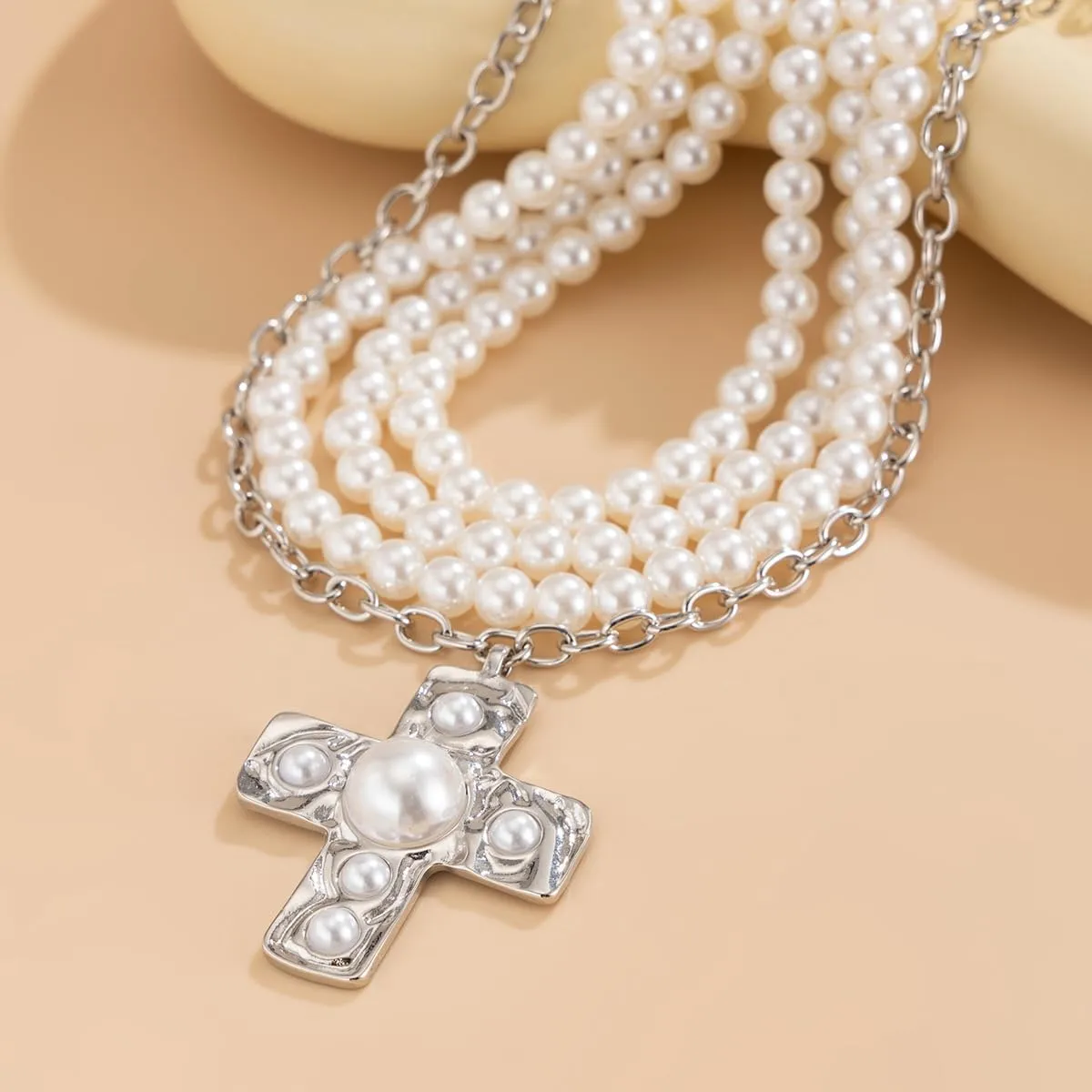Pearl Cross Necklace for Women Chunky Gold Cross Necklace Layered Cross Pearl Stacked Choker Necklace OT Buckle Chain Chunky Gold Statement Cross Pendant Necklace
