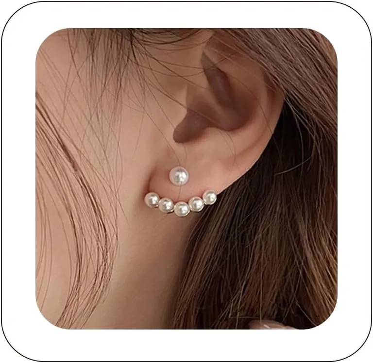 Pearl Jacket Earrings 925 Sterling Silver Ball Ear Earrings Jacket for Women Trendy Front Back Earrings Dainty Earring Jackets for Women (White)