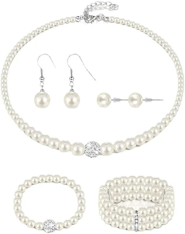 Pearl Necklace and Earring Set Pearl Wedding Jewelry Set for Women Chunky Pearls Choker Necklaces Stud Earrings Bride Bridesmaid Wedding Jewelry Gifts