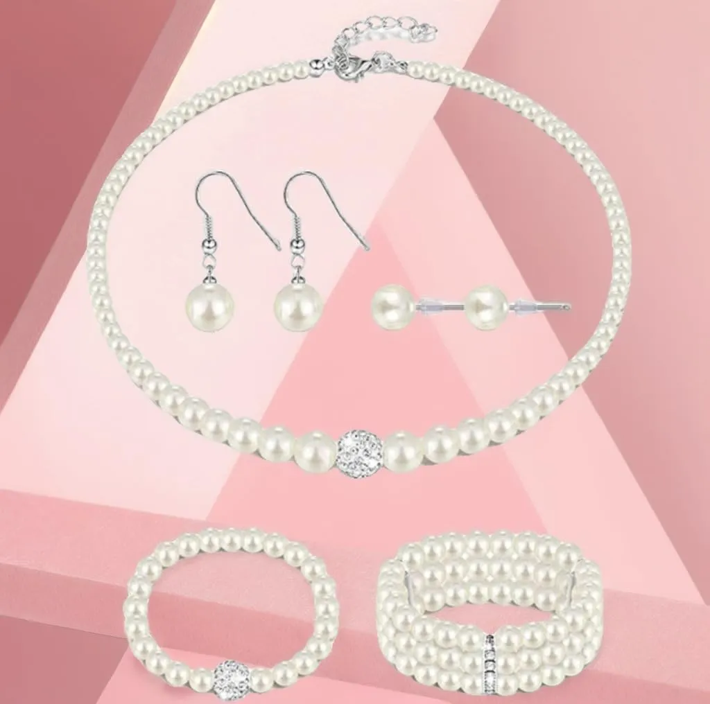 Pearl Necklace and Earring Set Pearl Wedding Jewelry Set for Women Chunky Pearls Choker Necklaces Stud Earrings Bride Bridesmaid Wedding Jewelry Gifts