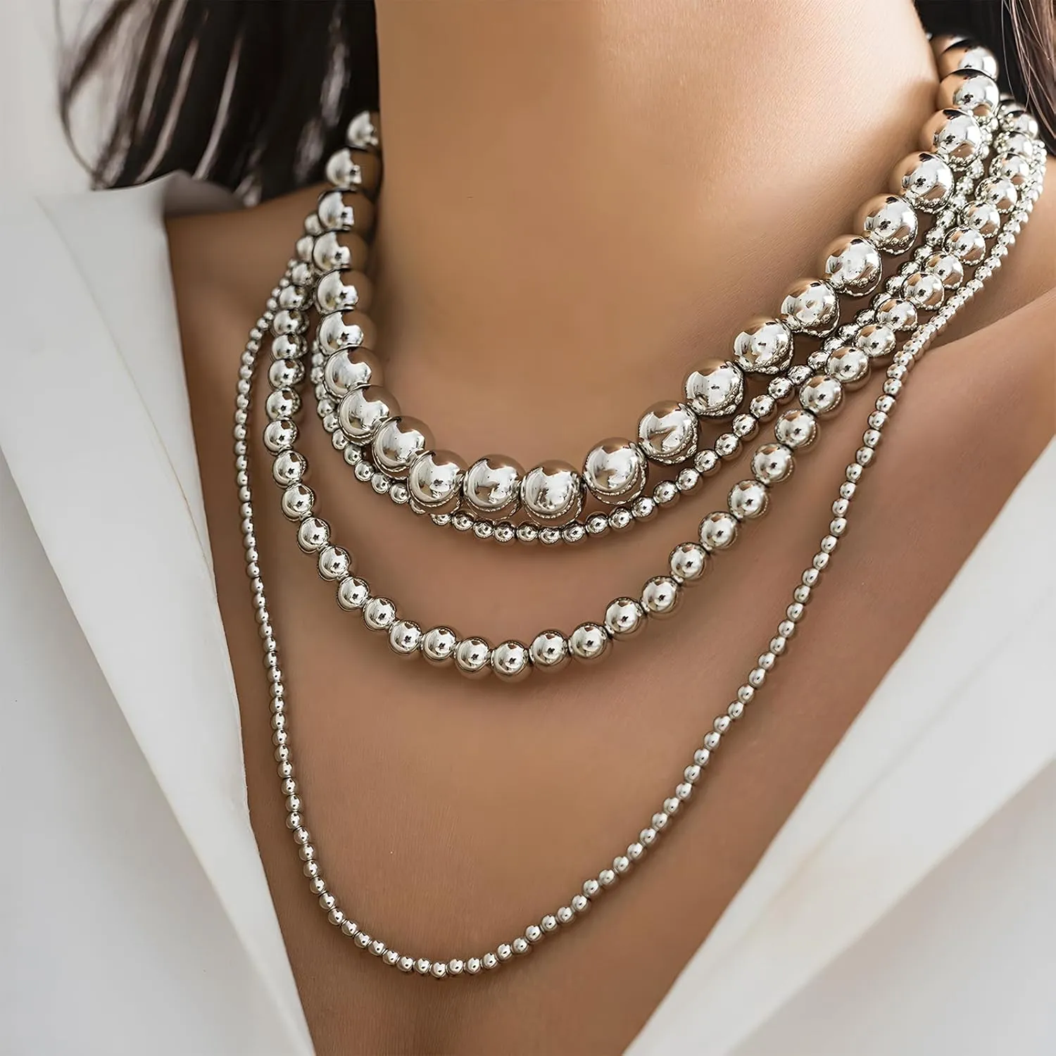 Pearl Necklace for Women Multi Strand Beaded Bib Necklace Chunky Pearl Statement Necklace Costume Jewelry Pearl Necklace and Earring Set