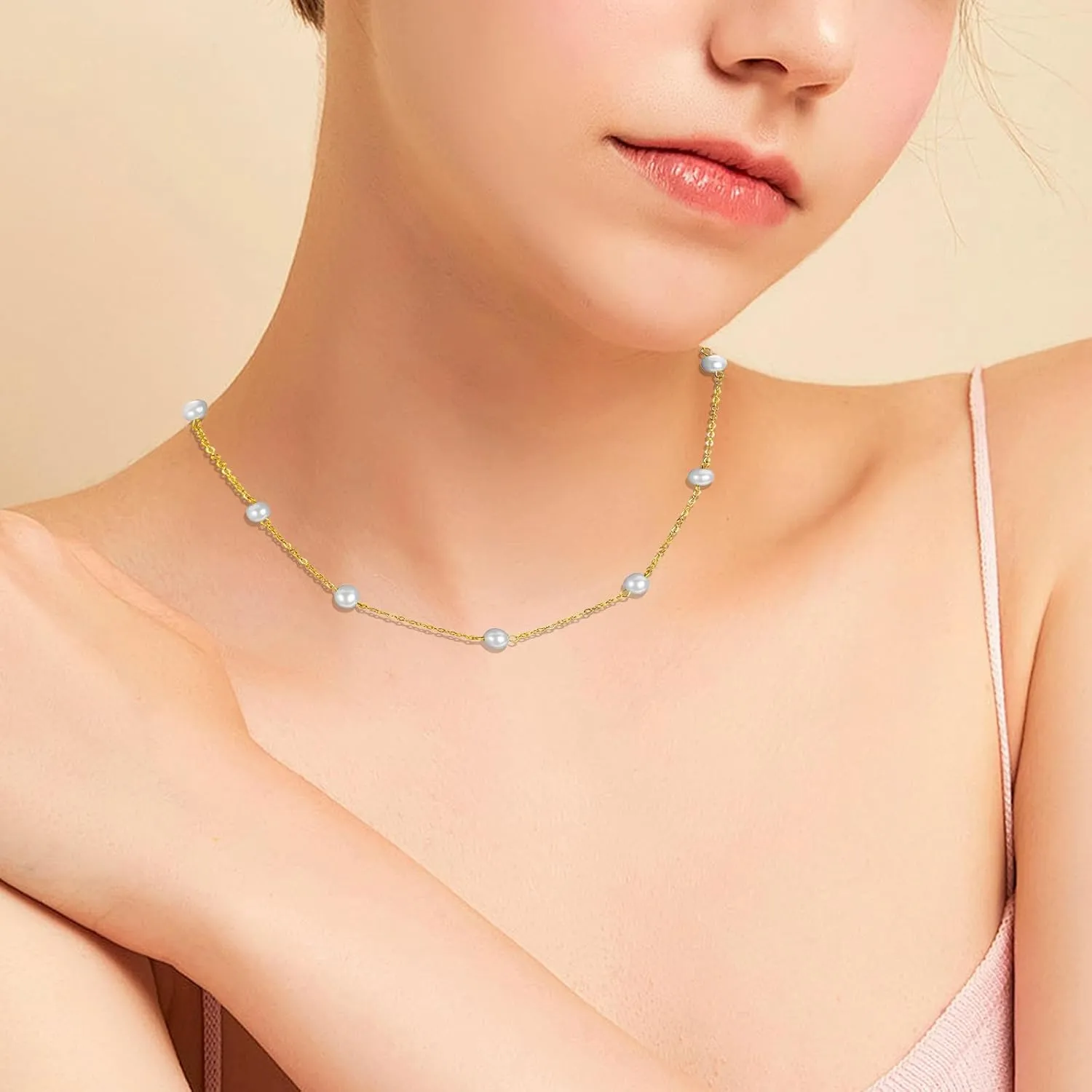 Pearl Necklaces for Women 6MM Dainty Round Pearl Choker Wedding Delicate Jewelry for Women Simple Bridesmaid Mothers' Day Jewelry Gifts