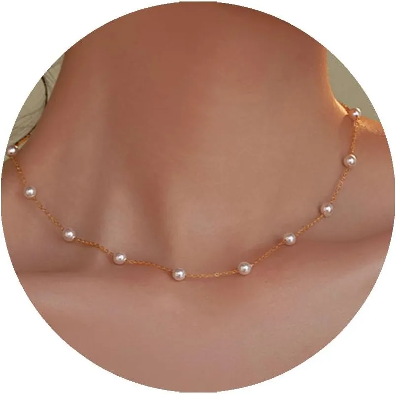 Pearl Necklaces for Women 6MM Dainty Round Pearl Choker Wedding Delicate Jewelry for Women Simple Bridesmaid Mothers' Day Jewelry Gifts