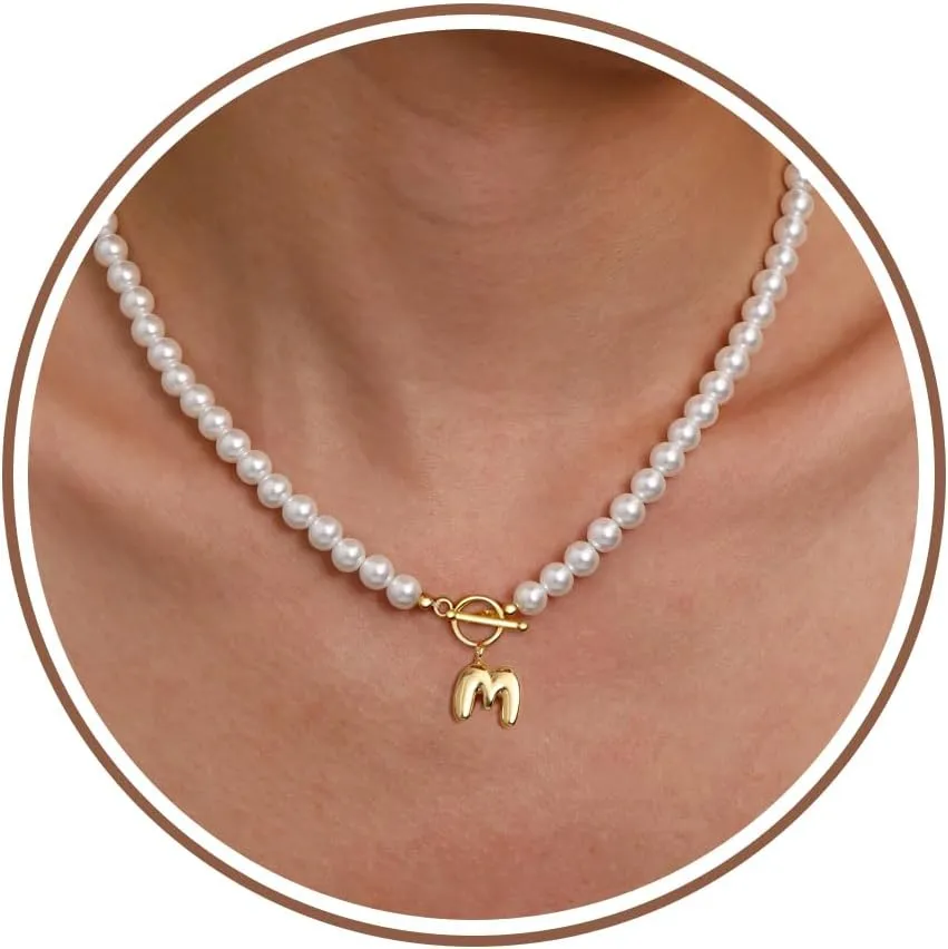 Pearl Necklaces for Women, Bubble A-Z Initial Necklace Gold Dainty Pearl Choker Necklace Anniversary Birthday Graduation Gifts for Her Teen Stocking Stufffers Christmas Jewelry