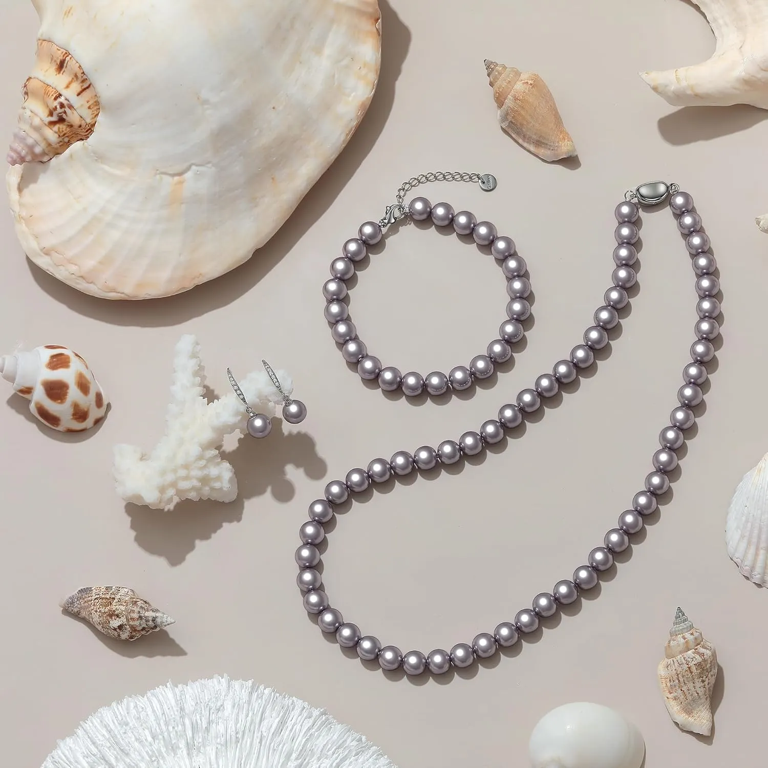 Pearl Necklaces for Women Men - 8mm Round Pearl Jewelry Set Includes White Pearls Bracelet and Earrings Girlfriend Her Mothers Day Gifts for Mom Women Wedding Birthday Anniversary Christmas Gifts