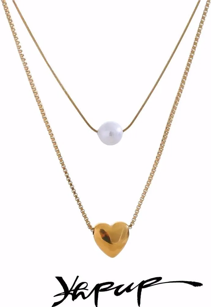 Pearl necklaces for women Stainless Steel Double-Layer Chain Heart Imitation Pearl Pendant Stacking Necklace for Women Rust Proof Jewelry-T32