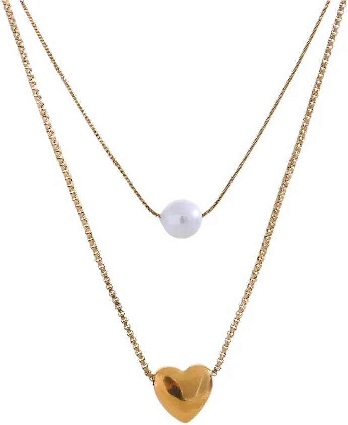 Pearl necklaces for women Stainless Steel Double-Layer Chain Heart Imitation Pearl Pendant Stacking Necklace for Women Rust Proof Jewelry-T32