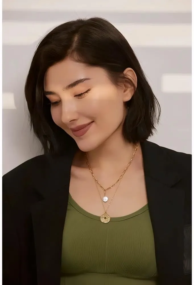 Pearl necklaces for women Statement Round North Star Layered Pendant Necklace for Women Golden Stainless Steel Pearl Chain Collar Necklace-T40