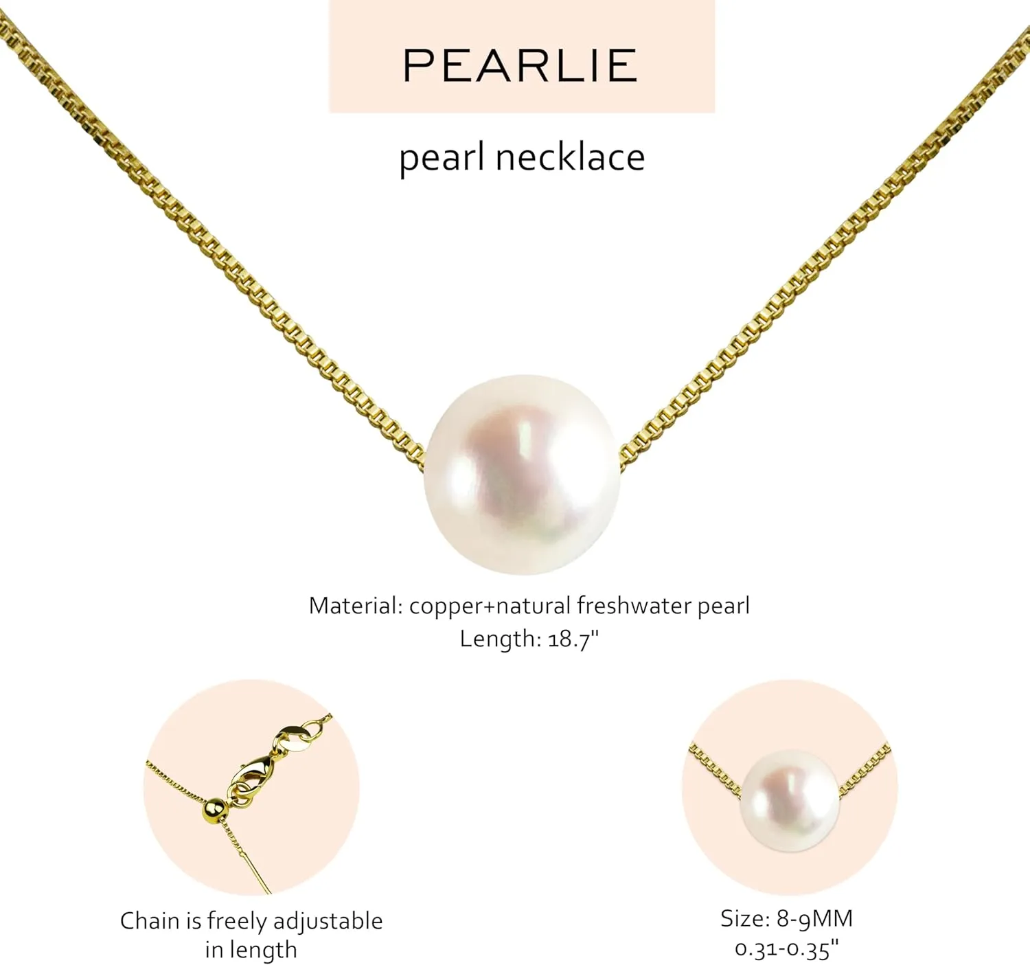 PEARLIE Dainty Necklaces for Women, 8-9MM Round Bead Natrual Pearl Necklace, Handpick Freshwater Cultured Pearl Beads Choker for for Charm Women V Neck Dress Accessorie
