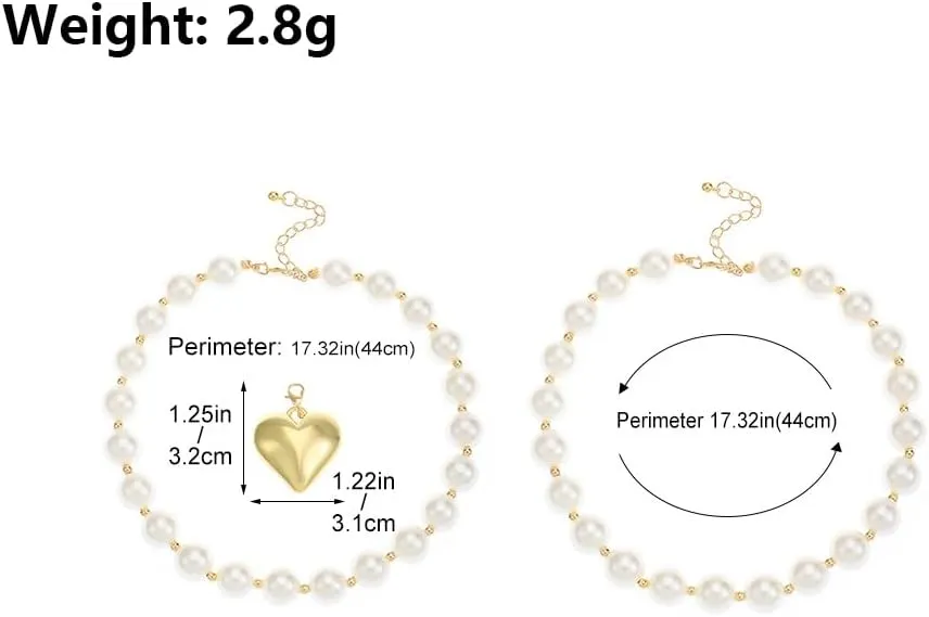 Puffy Heart Pendant Pearl Necklace for Women,Stacked Gold Chunky Heart White Beaded Chain Choker Necklaces,Trendy Large Love Statement Jewelry Gifts
