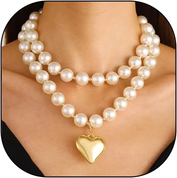 Puffy Heart Pendant Pearl Necklace for Women,Stacked Gold Chunky Heart White Beaded Chain Choker Necklaces,Trendy Large Love Statement Jewelry Gifts