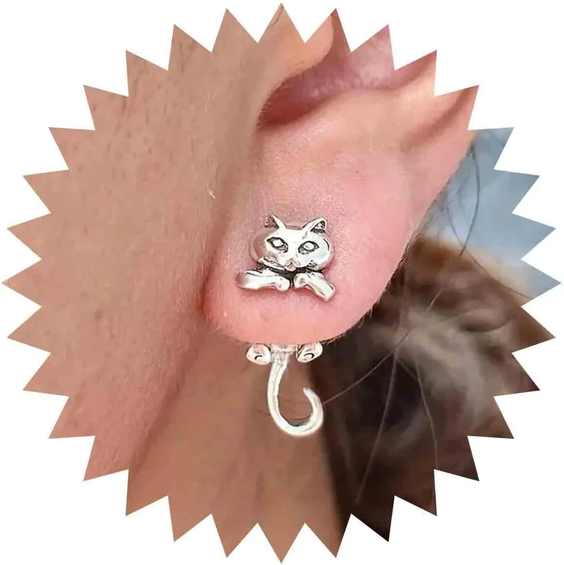 Punk Cat Ear Jacket Earrings Silver Cat Earring Jacket Stud Front Back Gothic Animal Earrings Jewelry for Women