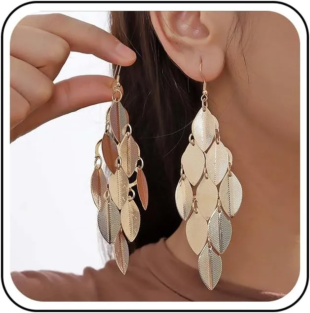 Punk Chandelier Leaf Earrings Long Leaf Chandelier Earrings Chunky Stacking Leaf Dangle Earrings Exaggerated Metal Leaf Drop Earrings Gold Leaf Statement Earrings Jewelry for Women