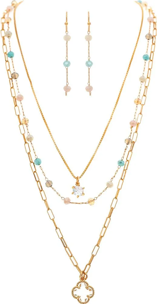  Rain Jewelry Gold Multicolor Bead Clover Charm Layer Necklace Set 