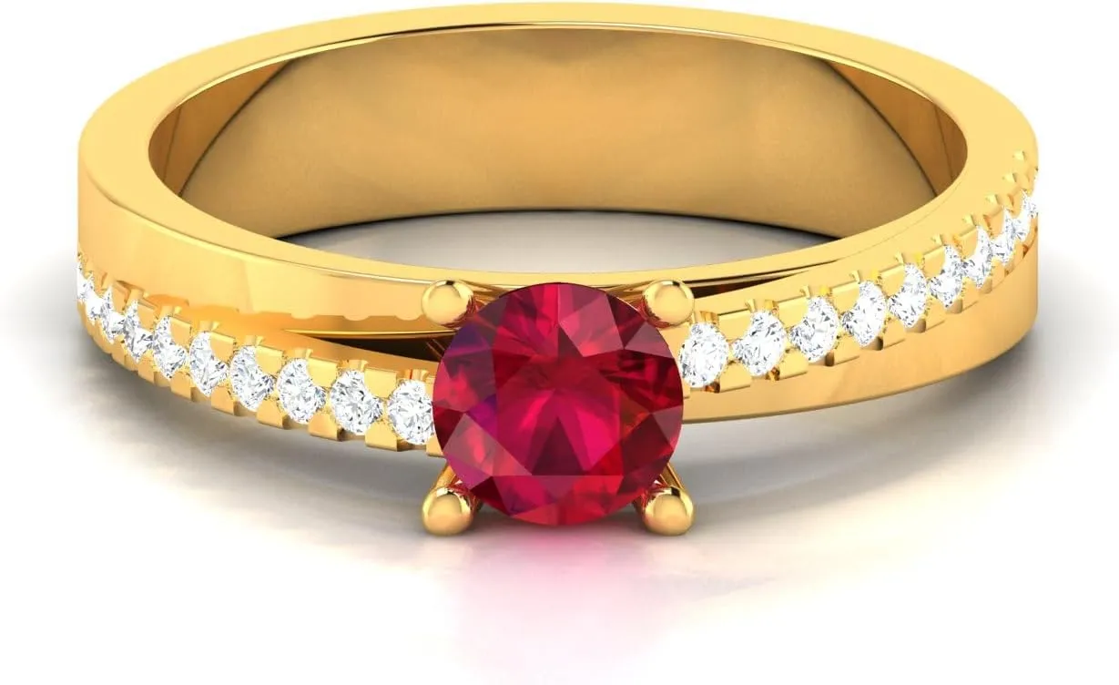 REAL-GEMS 0.68 Ct Round Cut Lab Created Grade AA Red Ruby Solitaire with Accents Couples Promise Ring 14k Yellow Gold Sizable