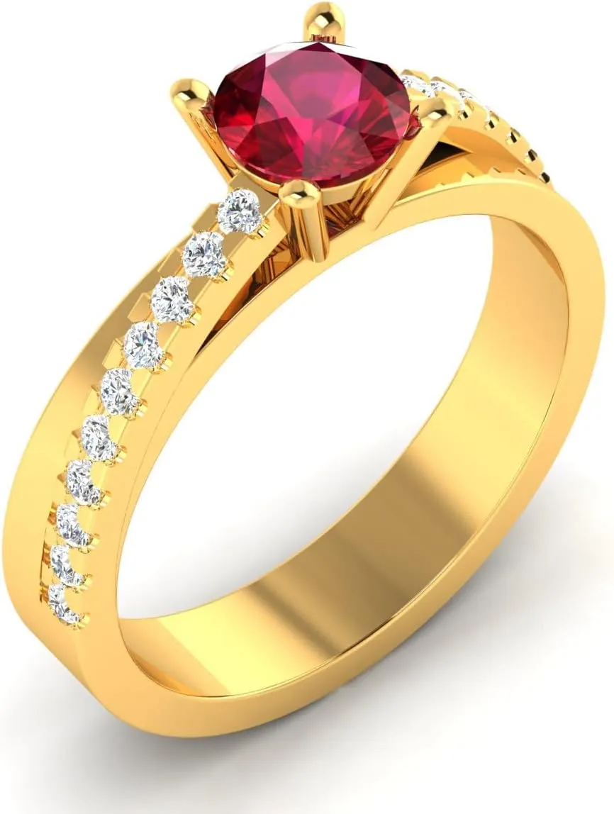 REAL-GEMS 0.68 Ct Round Cut Lab Created Grade AA Red Ruby Solitaire with Accents Couples Promise Ring 14k Yellow Gold Sizable