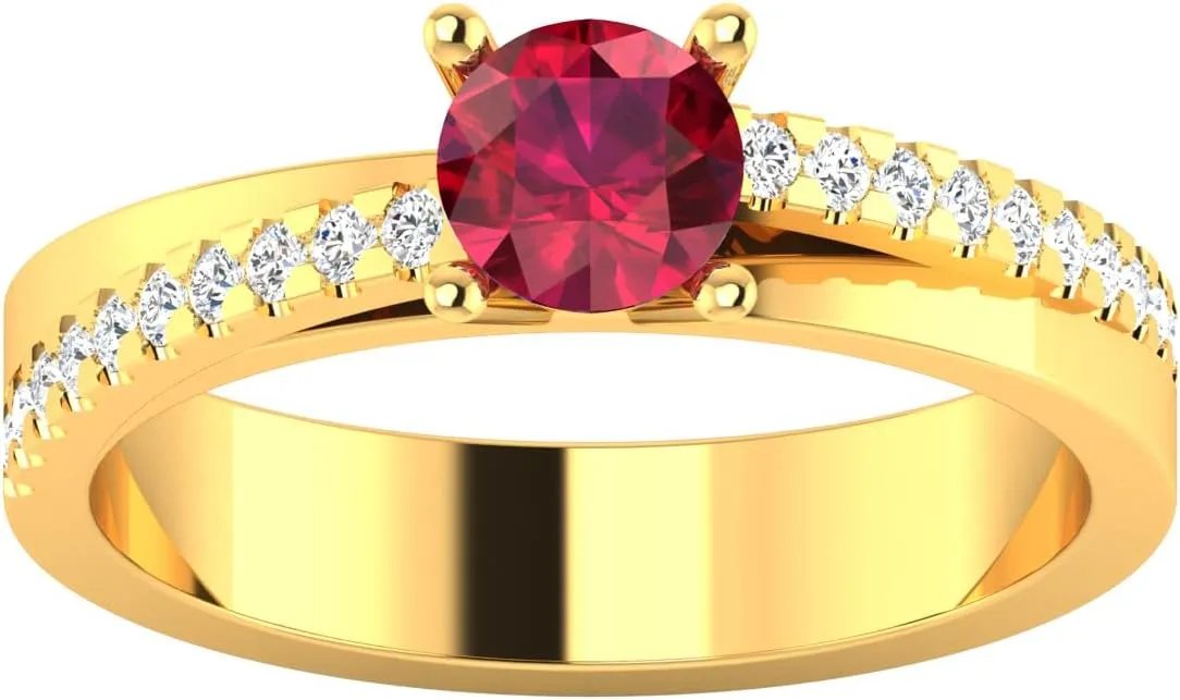 REAL-GEMS 0.68 Ct Round Cut Lab Created Grade AA Red Ruby Solitaire with Accents Couples Promise Ring 14k Yellow Gold Sizable
