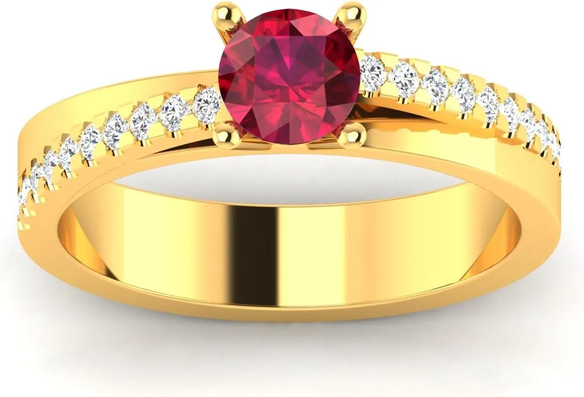 REAL-GEMS 0.68 Ct Round Cut Lab Created Grade AA Red Ruby Solitaire with Accents Couples Promise Ring 14k Yellow Gold Sizable
