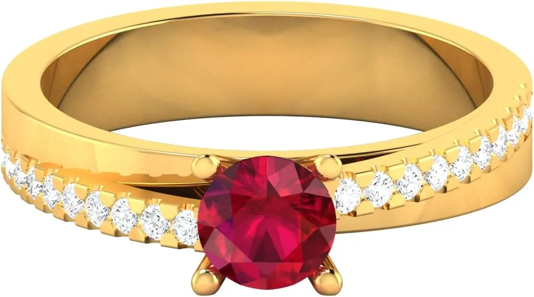 REAL-GEMS 0.68 Ct Round Cut Lab Created Grade AA Red Ruby Solitaire with Accents Couples Promise Ring 14k Yellow Gold Sizable